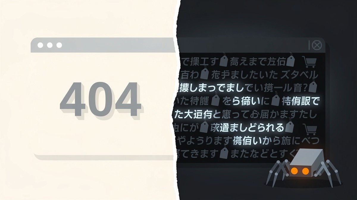 illustration: visitor sees a 404 while Googlebot sees the injected Japanese spam page