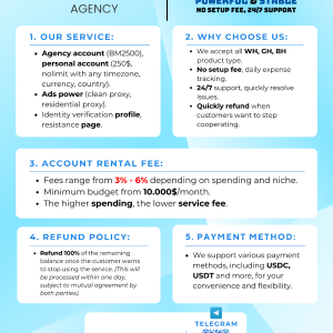 facebook ads account (low fee 3-6%)