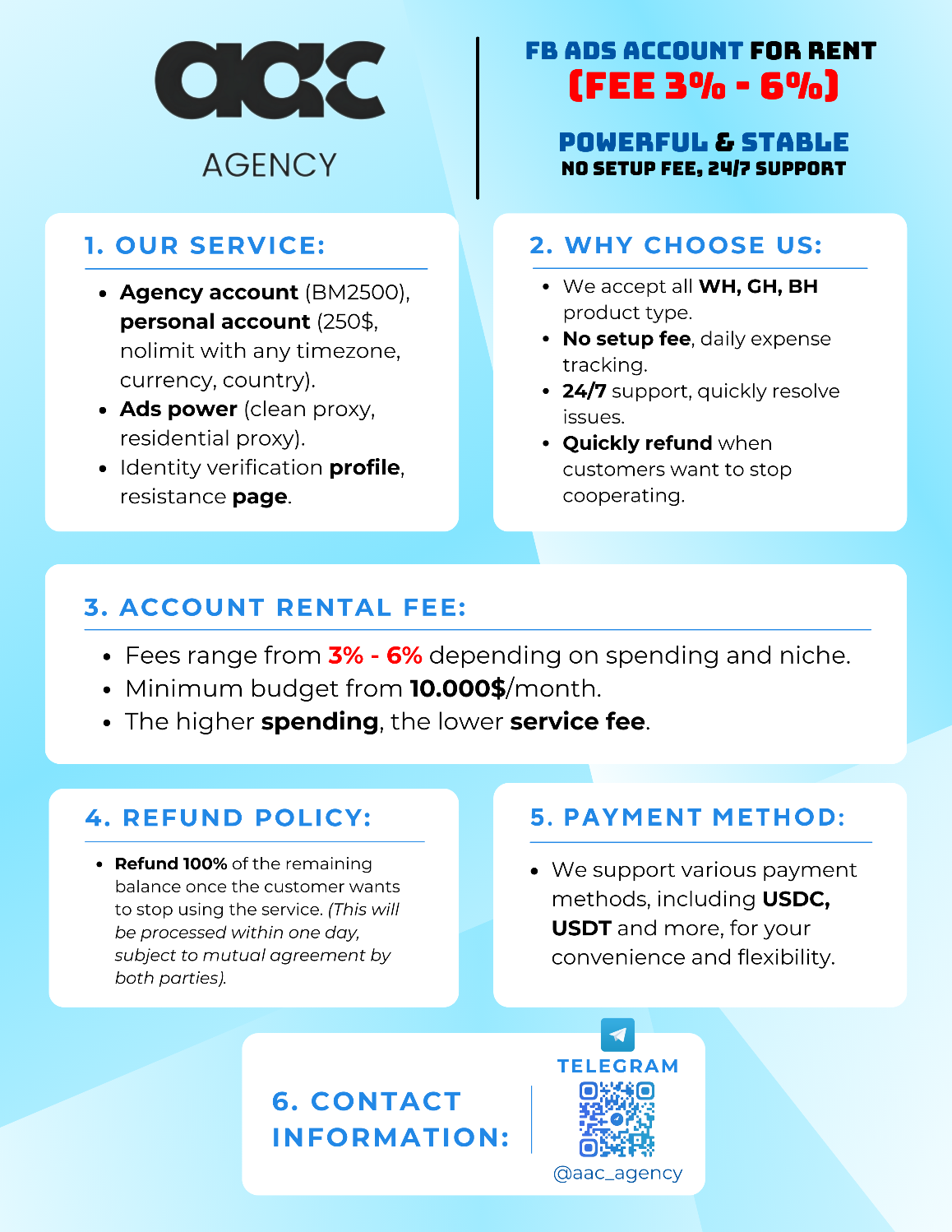 facebook ads account (low fee 3-6%)