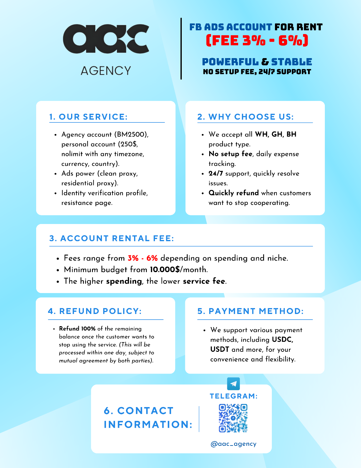 FB ads account for rent (low fee)