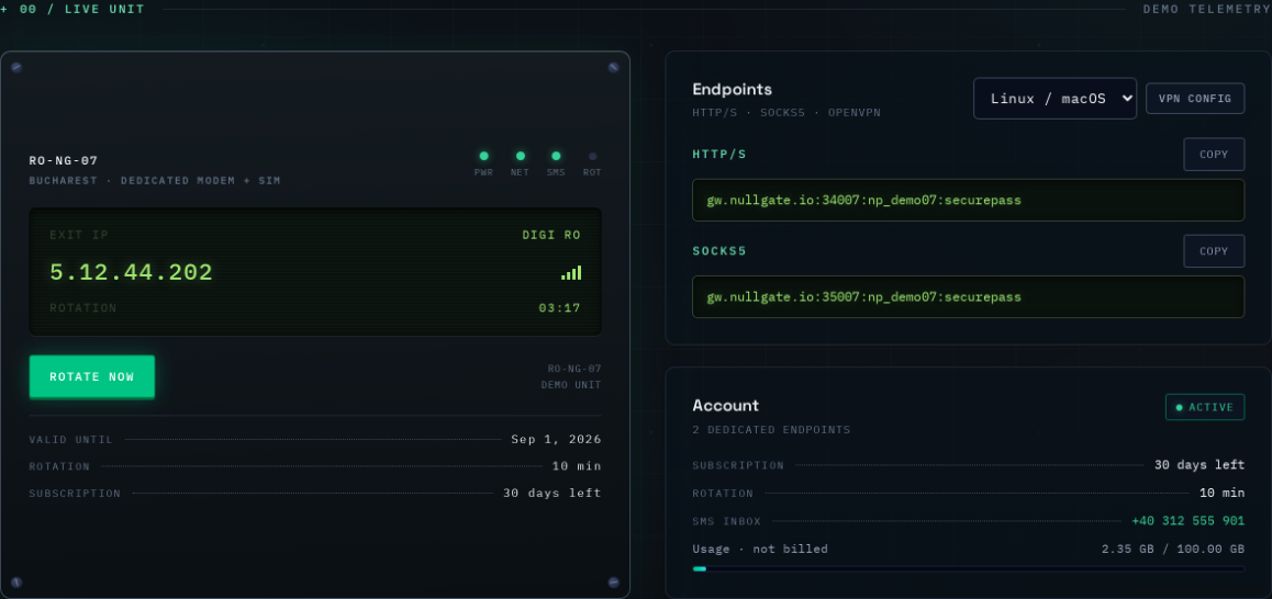 Nullgate Dashboard — 4G Mobile Proxy Control Panel