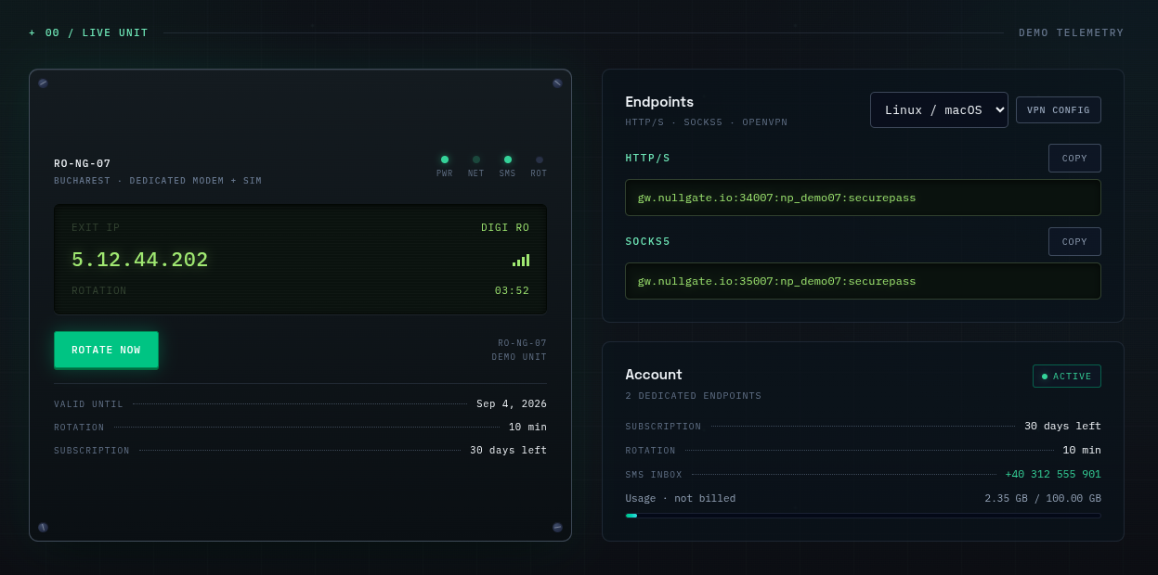 Nullgate Dashboard — 4G Mobile Proxy Control Panel